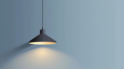 Poster - A sleek beam hanging lamp emits a soft glow against a calm blue wall, creating an inviting atmosphere ideal for contemporary living spaces or cozy cafes. The design exemplifies minimalism and style