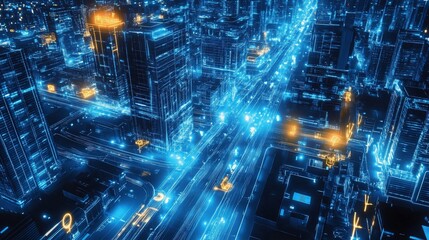 Poster - Futuristic city at night with glowing blue lines and orange highlights aerial view