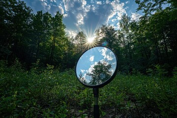 Poster - A mirror reflects the sky in a lush forest, capturing a moment of ethereal beauty as the sunlight streams through the trees, creating a serene and magical woodland scene.