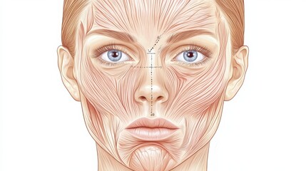 Poster - Detailed medical illustration of a female face highlighting Botox injection points and facial anatomy. Generative AI