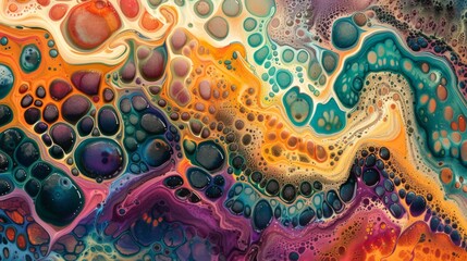 Poster - Colorful fluid patterns featuring a blend of orange, blue, green, and purple hues create an eye catching abstract composition that evokes feelings of depth and movement.