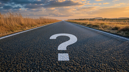 Mystery and uncertainty concept with a question mark on a long, empty highway. Banner, Copy space