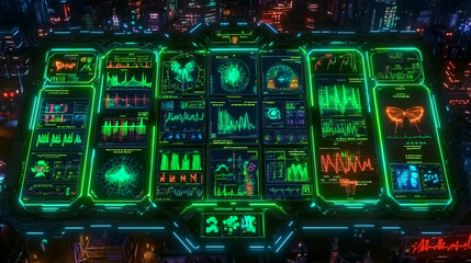 Poster - Dynamic data visualization of digital trends urban cityscape infographic design nighttime aerial view technology insights