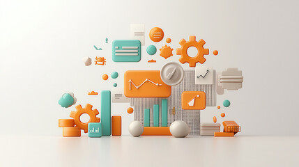 Leinwandbilder - 3D composition of stacked app icons featuring gears, charts, and graphs in orange, teal, and white, symbolizing data analysis and technology innovation