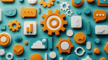 Poster - vibrant 3D composition of various app icons, including gears, speech bubbles, and clouds, on turquoise background, showcasing modern digital theme