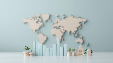 Aufkleber - 3D graph with steadily increasing light blue bars and small plants in pots is set against blurred world map background, symbolizing global growth and sustainability