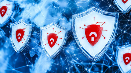 Poster - Cybersecurity shield protection against data breaches digital realm graphic visualization virtual environment high-tech concept