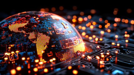 Poster - glowing digital globe with interconnected financial hubs and circuits symbolizes global connectivity and technological advancement. vibrant orange and blue lights highlight dynamic network