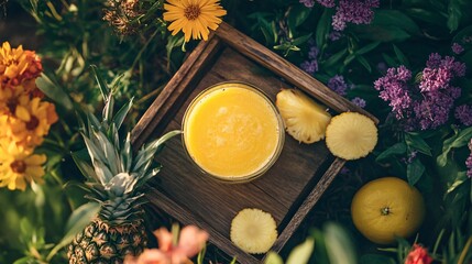 Wall Mural - A spring garden setting with a pineapple ginger smoothie placed on a wooden tray, surrounded by wildflowers and fresh citrus