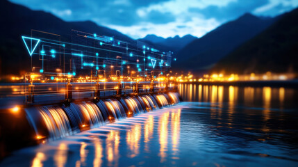 Poster - digital themed hydroelectric plant scene at night shows glowing data overlays, reflecting on water. illuminated landscape creates futuristic and technological atmosphere