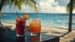 © dlu - Alcohol consumption at a tropical island resort bar with rum cocktails and beach view. Featuring relaxation and escapism