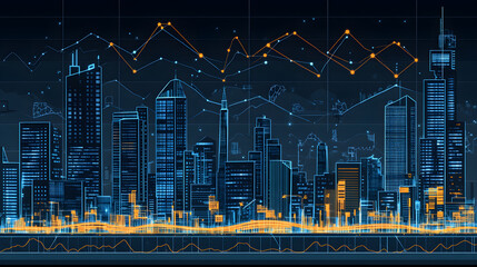 Poster - Data visualization of urban growth trends city skyline infographic nighttime aerial view economic insights