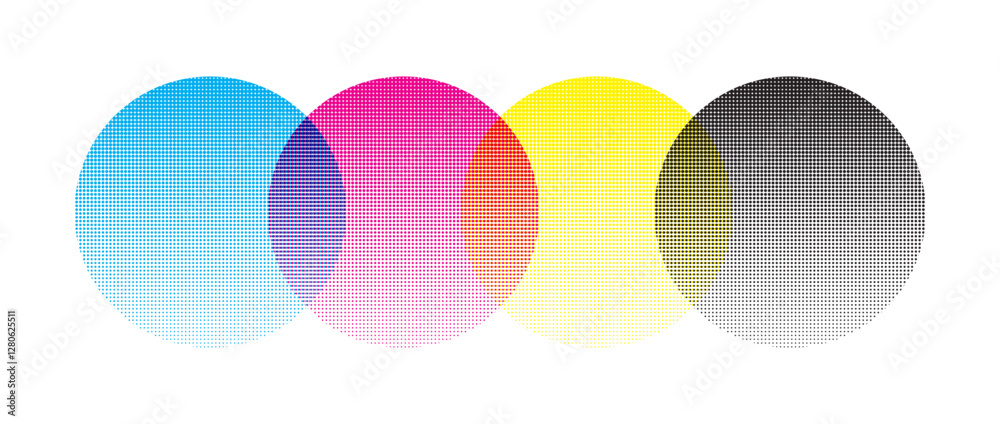 Prepress Rip Icon CMYK dot pattern background. Halftone dotted prepress color ink texture ...