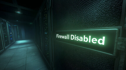 Poster - Network security breach simulation data center digital environment cybersecurity scenario low angle firewall disabled alert
