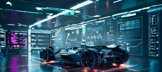 Poster - Futuristic race car navigates datarich digital circuit in hightech environment