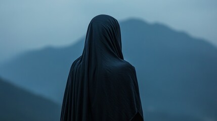Aufkleber - Draped in a flowing black abaya, the woman stands quietly, facing distant mountains enveloped in a misty twilight. The atmosphere is serene, inviting reflection on nature's beauty