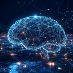 Fototapete - Digital Brain: A stunning digital rendition of a human brain, interconnected by a web of neural pathways and glowing with radiant data streams.