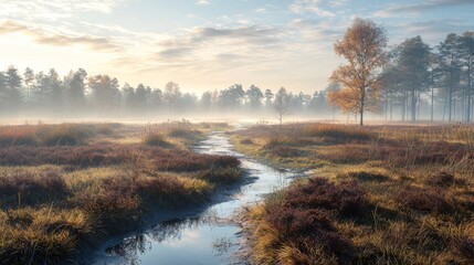 Wall Mural - Serene Autumn Morning in Misty Wetland with Calm Water, Vibrant Foliage, and Ethereal Atmosphere