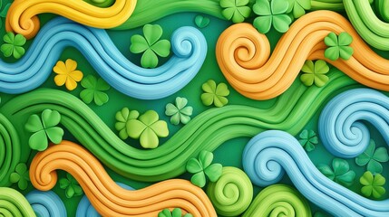 Poster - A colorful abstract design featuring swirls and shamrock shapes in vibrant green, blue, orange, and yellow tones.