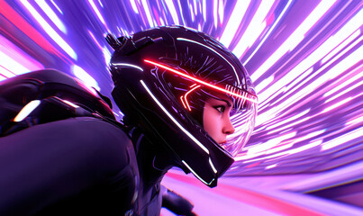 Poster - Experience the Future: A Dynamic Representation of Speed and Innovation with a Futuristic Helmet in a Neon-Drenched Digital Landscape
