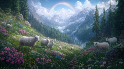 Wall Mural - Serene Mountain Landscape with Sheep, Colorful Wildflowers, and a Rainbow over Lush Greenery at Dawn