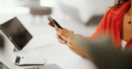 Poster - Hands, entrepreneur or woman with phone in startup for email or networking on social media app. Small business, website or bookkeeper texting on mobile for accounting research, finance or online news