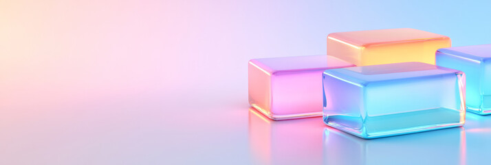 Poster - Glossy, pastel-tinted cubes overlapping in a staggered arrangement on a clean white backdrop,