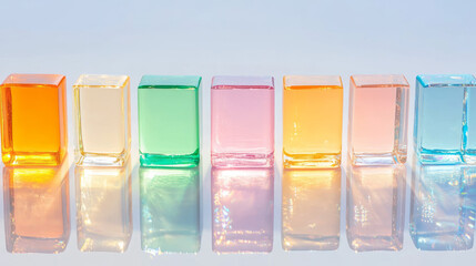 Aufkleber - Clear, gel-like rectangular prisms in bold primary hues, arranged on a reflective surface that