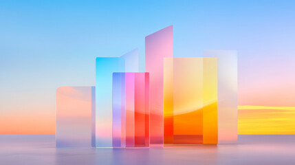 Poster - Monochrome backdrop showcasing tall columns of multicolored translucent slabs, each slab offset