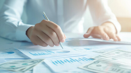 Aufkleber - person analyzing financial documents with charts and cash on desk