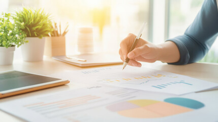 Aufkleber - person analyzing financial charts and graphs on desk with natural light