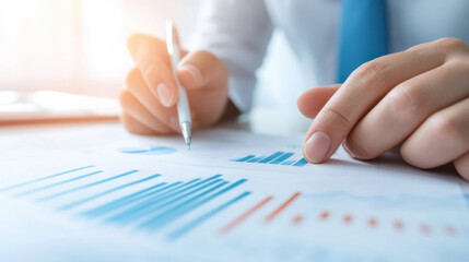 Aufkleber - person analyzing financial charts with pen, focusing on business data