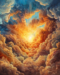 Poster - Surreal horizon where a luminous sun extends linear prism-like beams across the sky, blending into