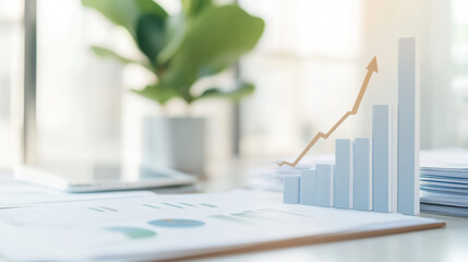 Poster - rising bar graph on desk with financial documents and plant in background