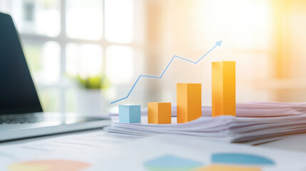Aufkleber - Rising bar graph on documents with sunlight, symbolizing business growth and success
