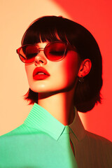 Poster - Cinematic portrait with minimal contrast, where the subdued background morphs from pale sage green