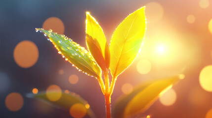 Aufkleber - Sapling leaf unfurling, with dewdrops glistening in bright morning sunlight, set against a dreamy