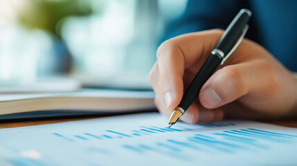 Aufkleber - Close up of hand holding pen analyzing financial data on document