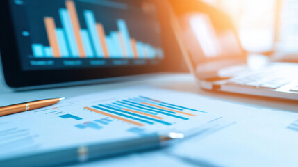 Aufkleber - Financial charts and graphs on desk with laptop and pen in bright office