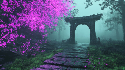 Poster - Hidden forest clearing with a weathered wooden archway, embraced by neon-tinted blossoms on a lush