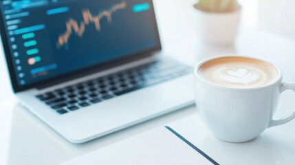 Aufkleber - laptop with stock market chart, notebook, and coffee cup on desk