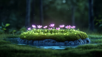 Poster - Fairy-tale setting of a mossy mound crowned by a simple curved frame, each blooming flower