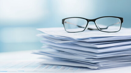 Aufkleber - stack of documents with glasses on top, symbolizing focus and productivity