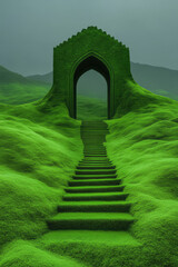 Poster - Minimal architectural arch in a hillside of dense, emerald-green moss, outlined by flowers that