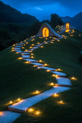 Poster - Dream-like archway perched on a green slope, with drifting flower lights that dot the landscape in
