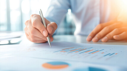 Aufkleber - Businessman analyzing financial charts with pen in hand, focused on data