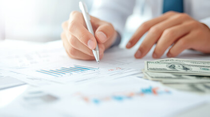 Aufkleber - person analyzing financial documents with charts and cash on table