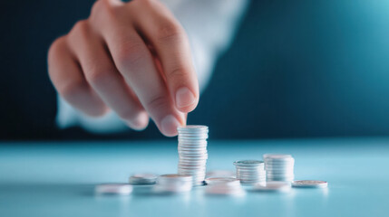 Poster - Hand stacking coins on table, symbolizing financial growth and savings