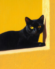 Poster - Warm, late-afternoon light casting gentle shadows across a sleek black cat lying in a cozy corner