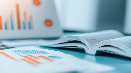 Aufkleber - Open book and financial documents with charts on desk, representing analysis